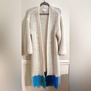 Anthropologie Ivory and Teal Fringe Cardigan